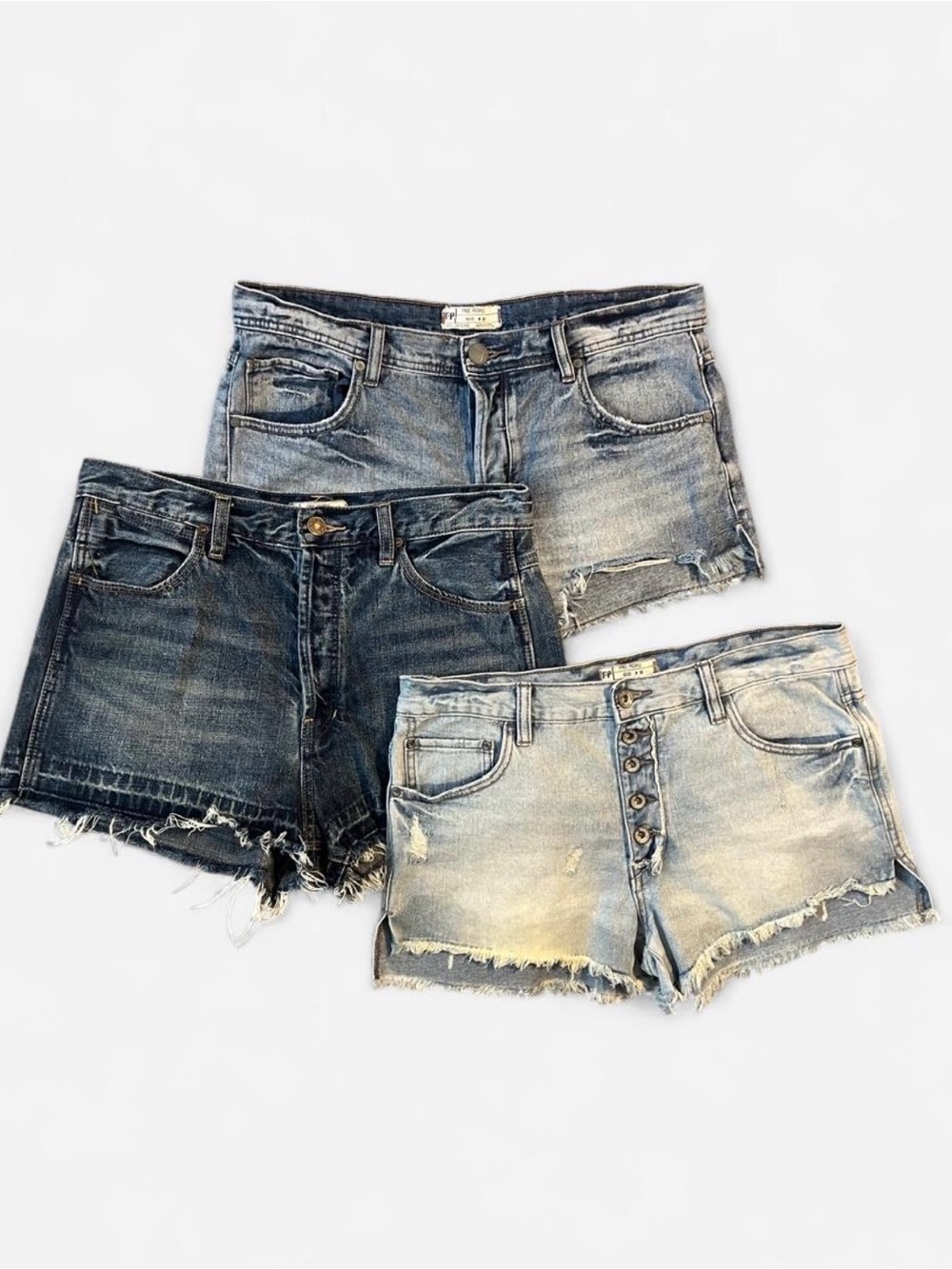 Free People Trio of Distressed Denim Shorts - Light, Medium & Dark Blue